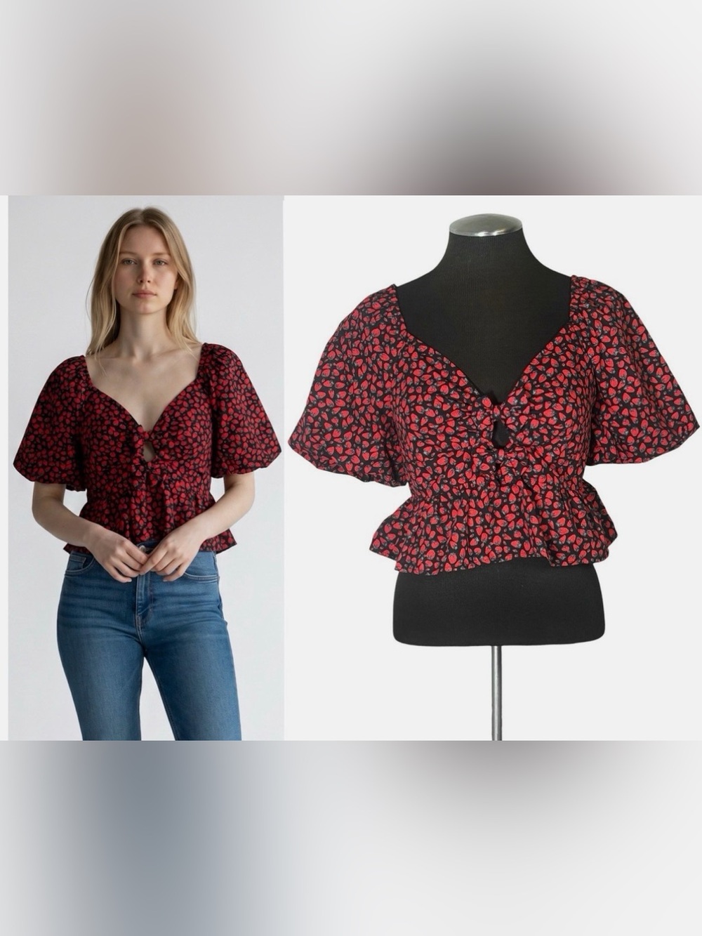 Strawberry Cotton Crop Top with Puff Sleeves